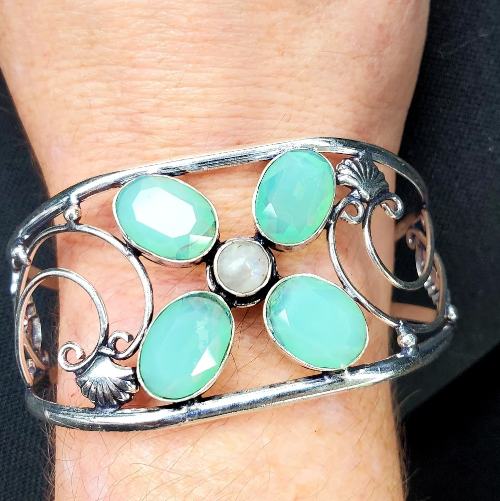 New Milky Fire Opal & Rainbow Moonstone 925 Silver Cuff Bracelet.
